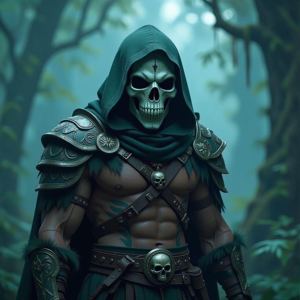 Emerald Warrior Beast with Skull Mask in Mystical Forest