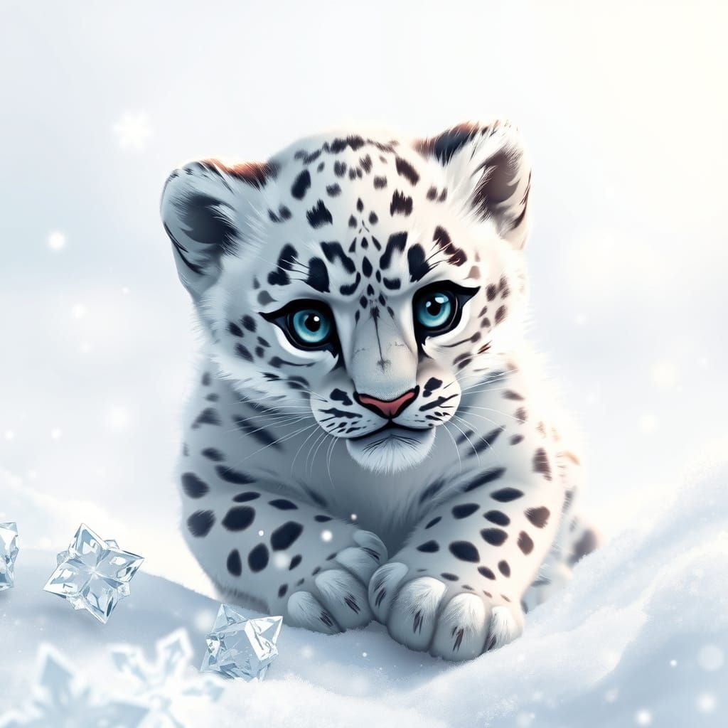 Surreal Snow Leopard Cub Illustration in Anime-Inspired Styl...