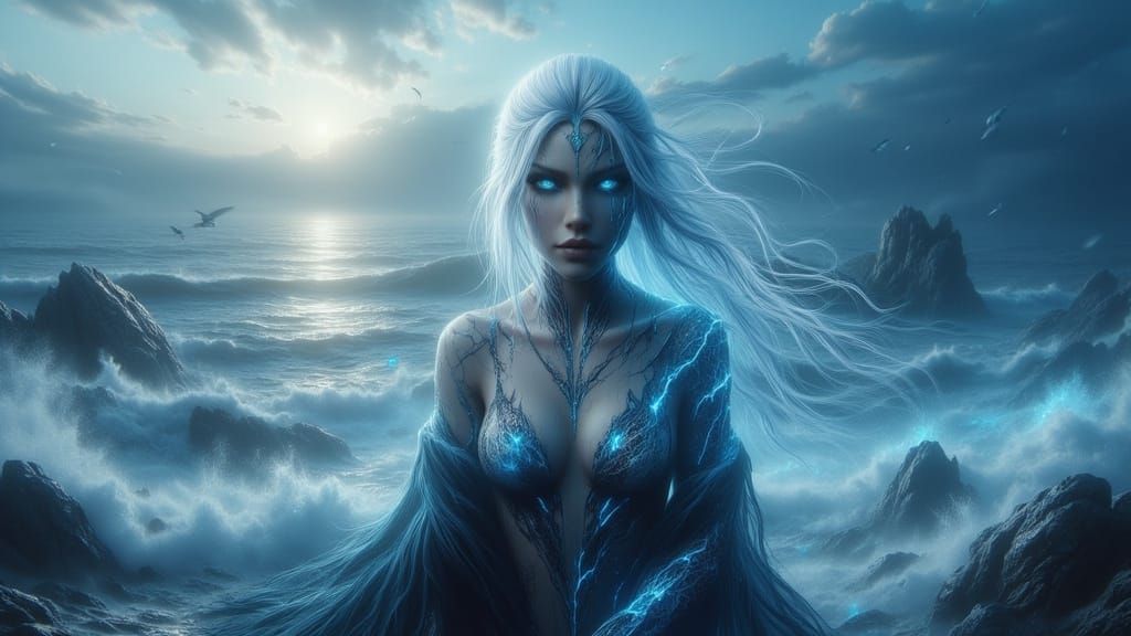 Woman Faces Turbulent Sea in Dreamy, Emotive Style