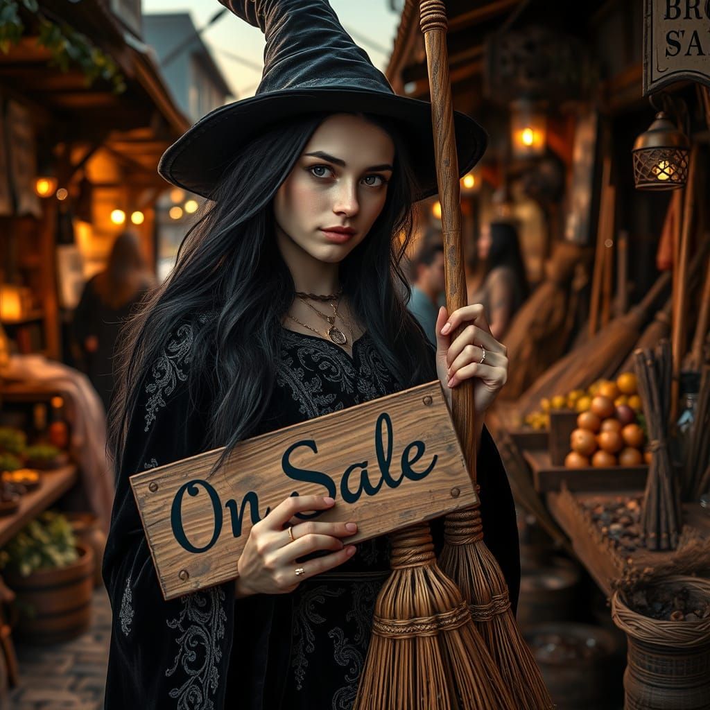 Medieval Witch Sells Handcrafted Brooms in Luminous Market