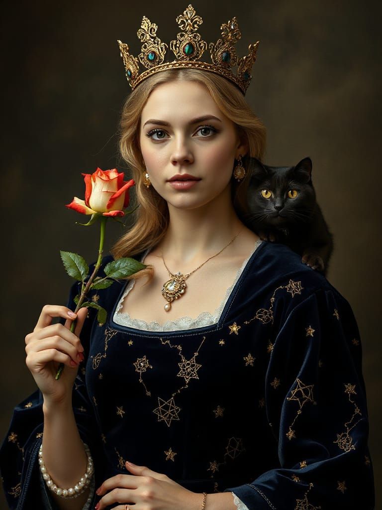 Medieval Queen in Celestial Velvet Gown with Regal Aura
