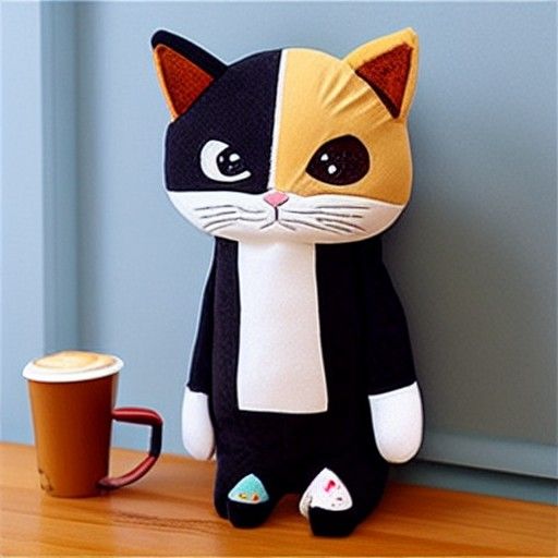 Anime Stuffed Patchwork Cat Doll with Coffee