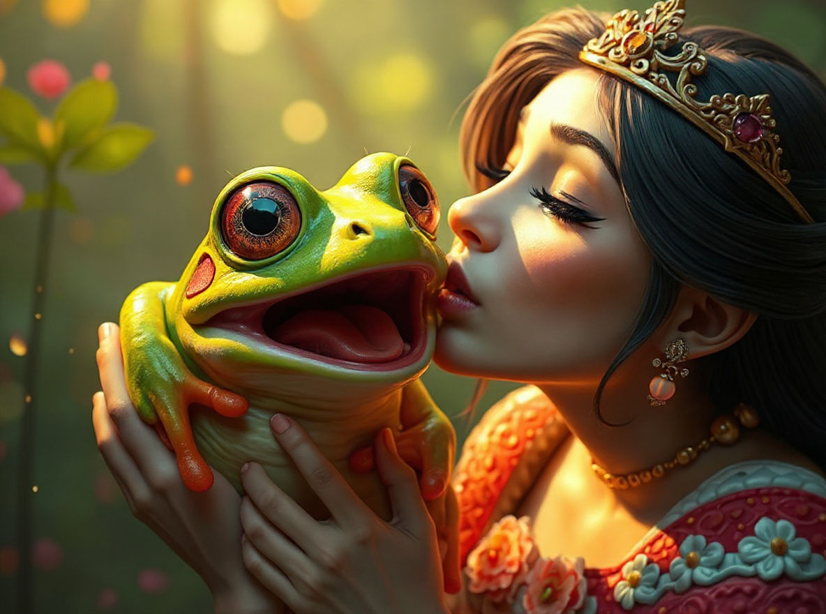 Princess Kisses Frog with Shocked Expression