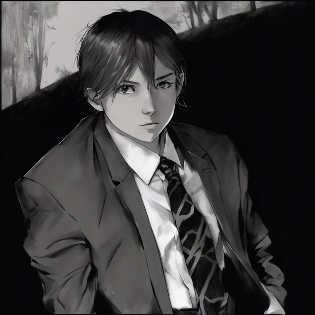 Anime Style Charcoal Drawing of Person in Suit