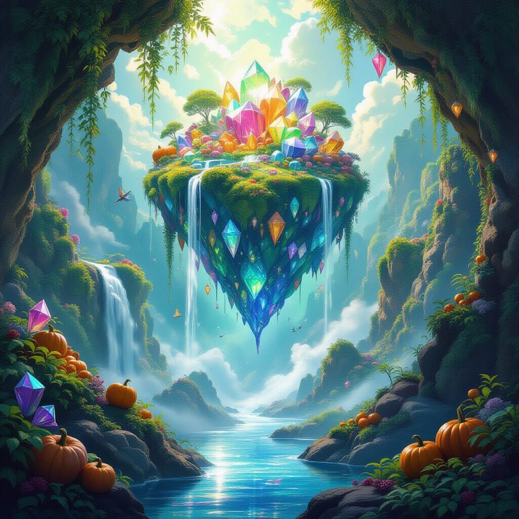 Magical Grotto With Floating Island And Wildlife