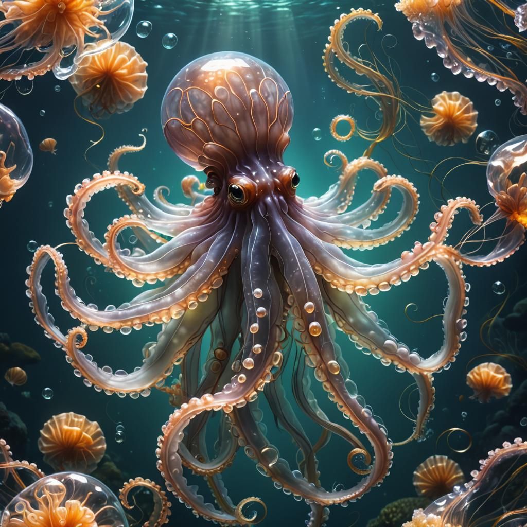 Giant Glass Octopus in Bioluminescent Ocean