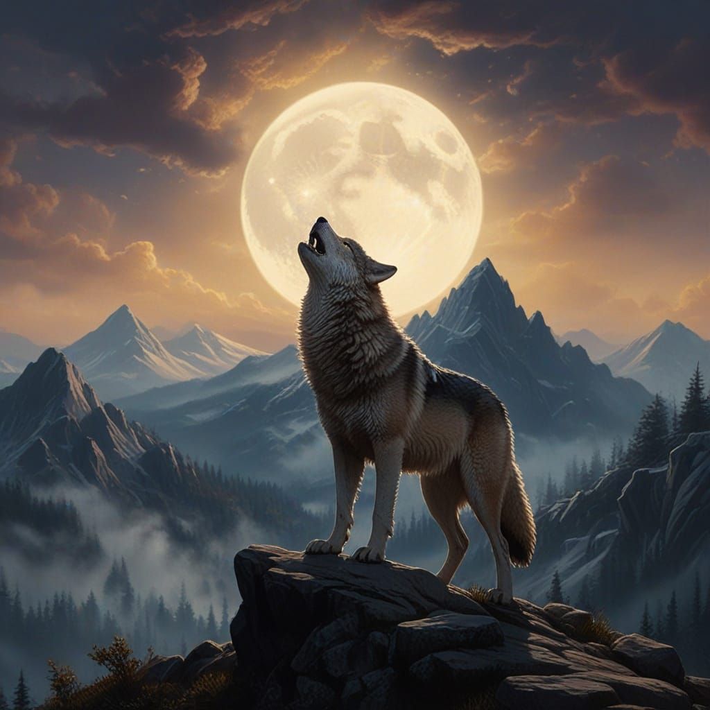 Wolf Howling on Mountain Ridge Under Moonlight, Oil Painting...