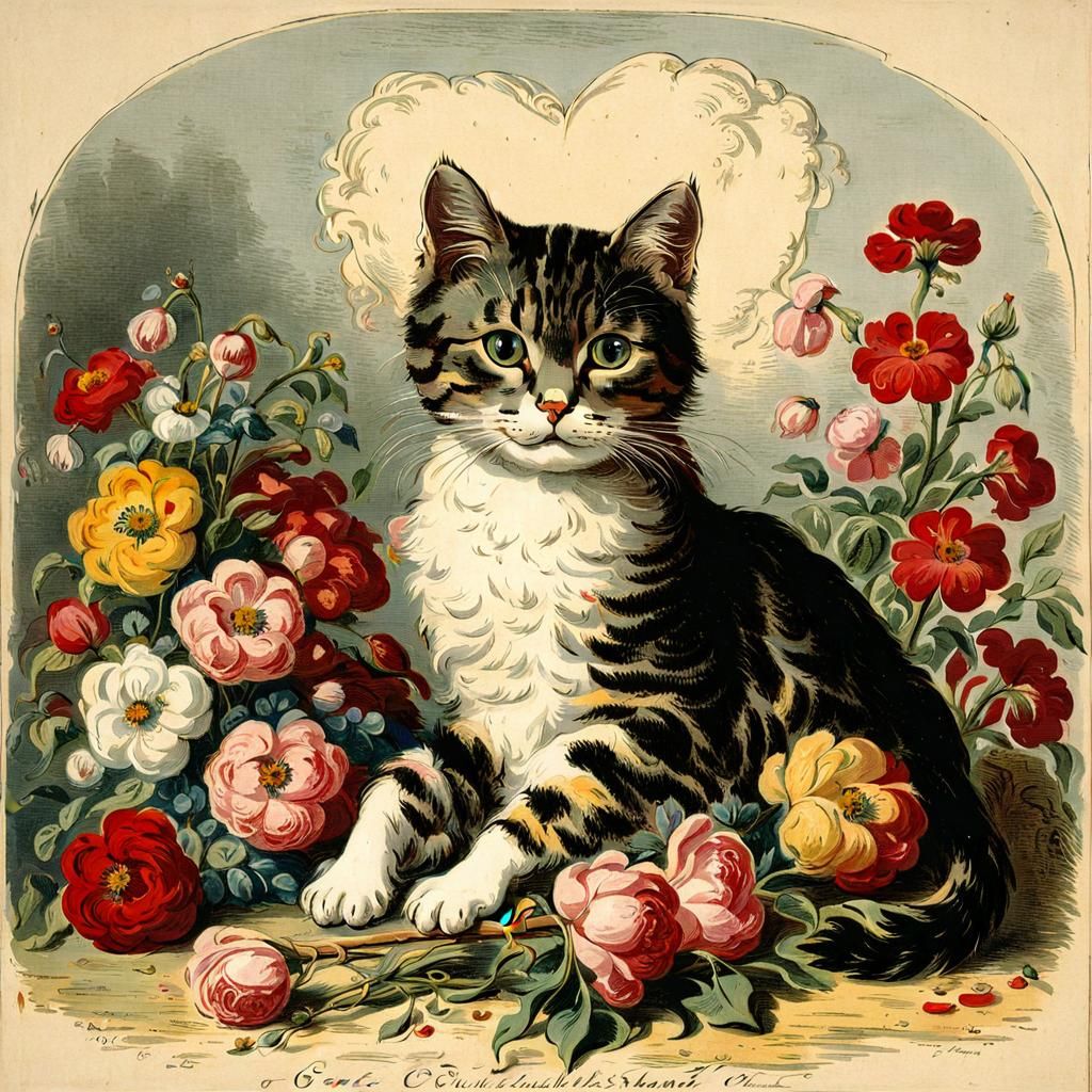 Cute Cat on Pillow with Flowers: Cruikshank Style
