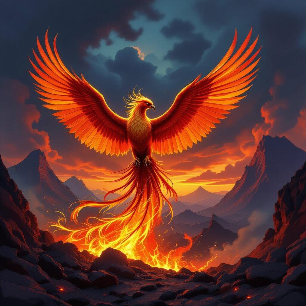 Majestic Phoenix Rises from Fiery Ashes in Epic Fantasy Styl...