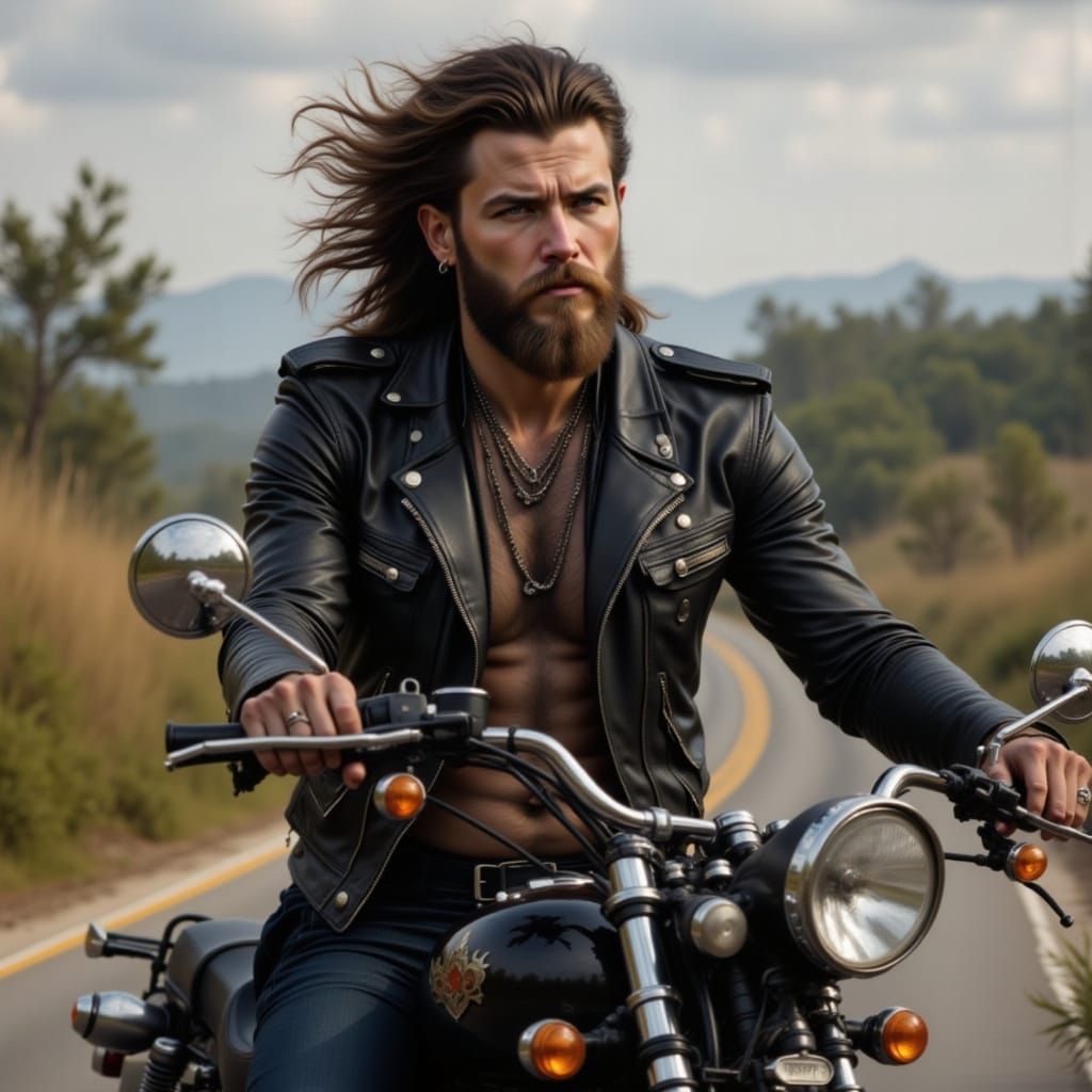 Man Rides Motorcycle in Leather Jacket