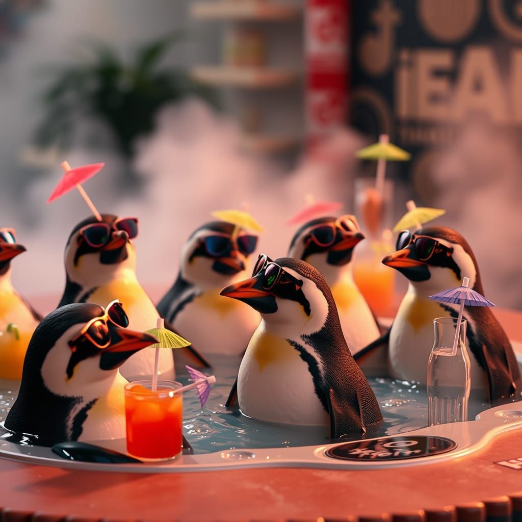 Penguin Hot Tub Party in Wes Anderson Style