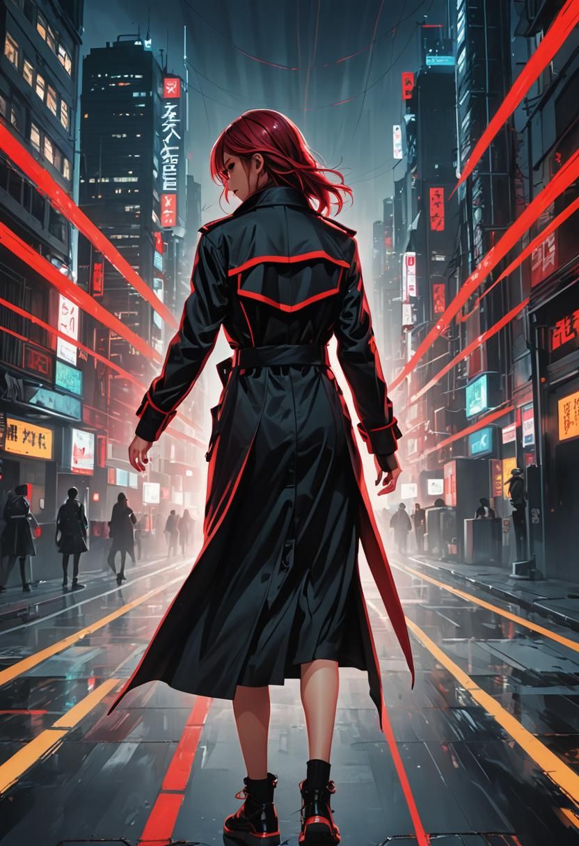 Anime Model in Trench Coat with Neon Cityscape