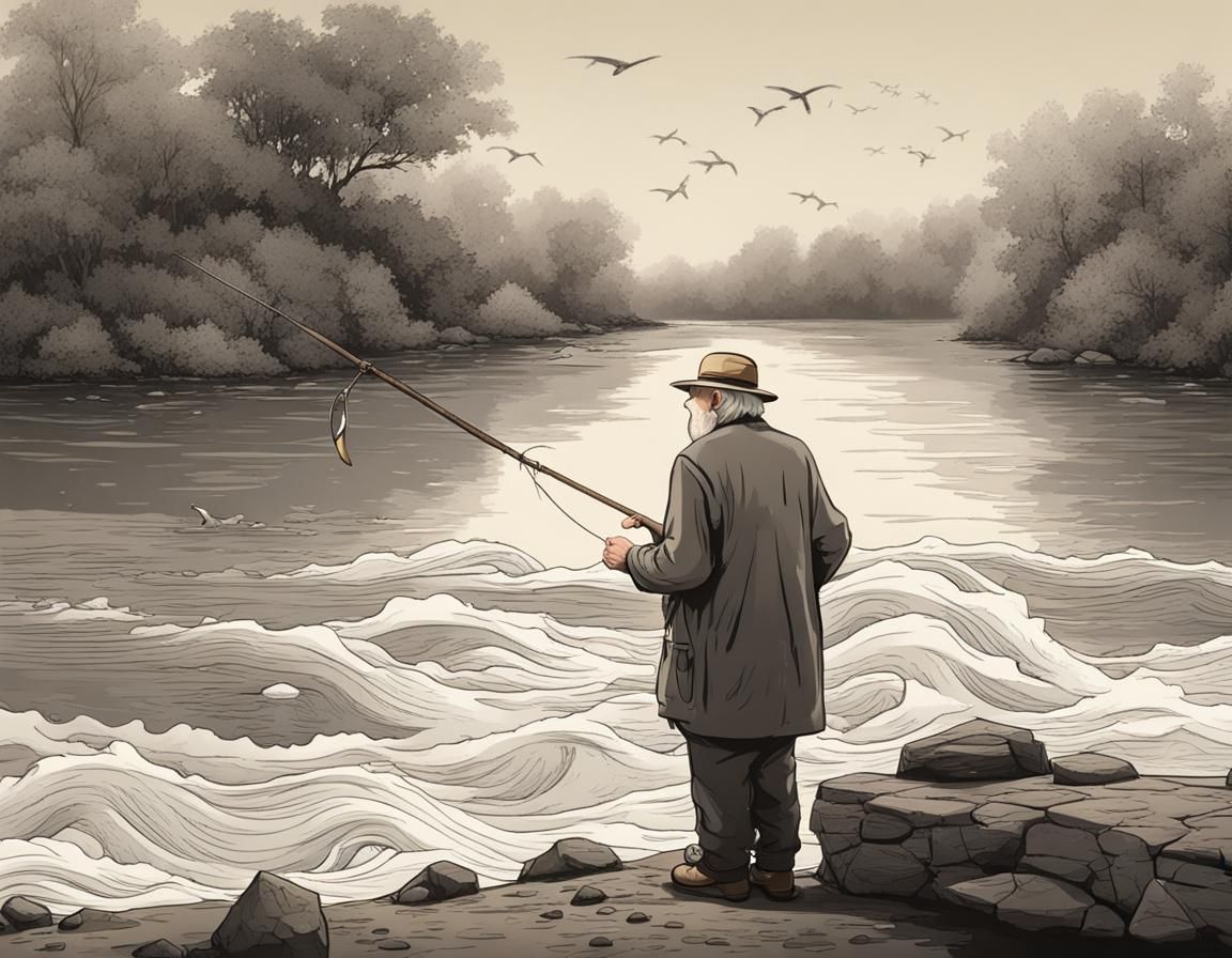 Old Man Fishing by a River