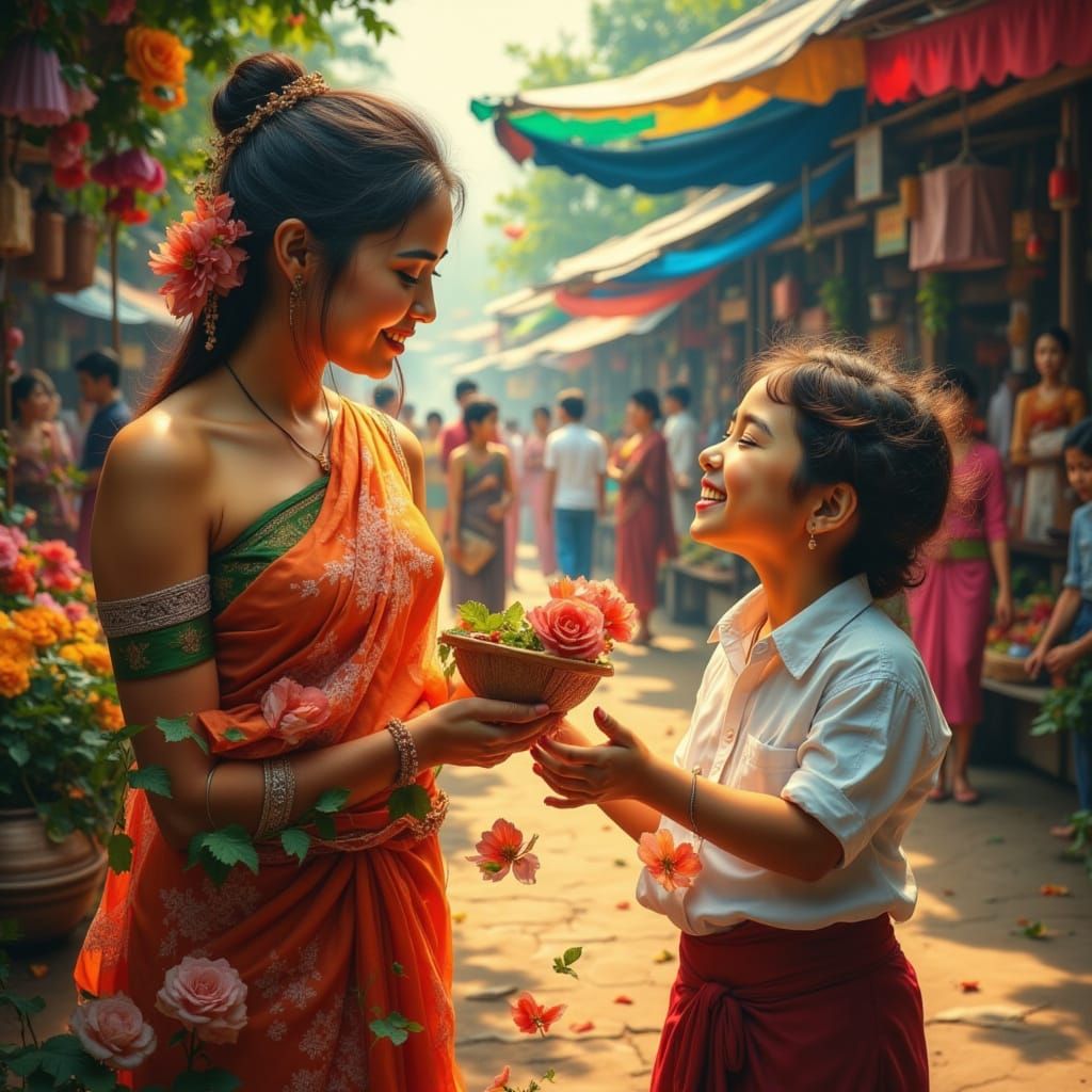 Beautiful Thai Woman and Boy in Market Oil Painting