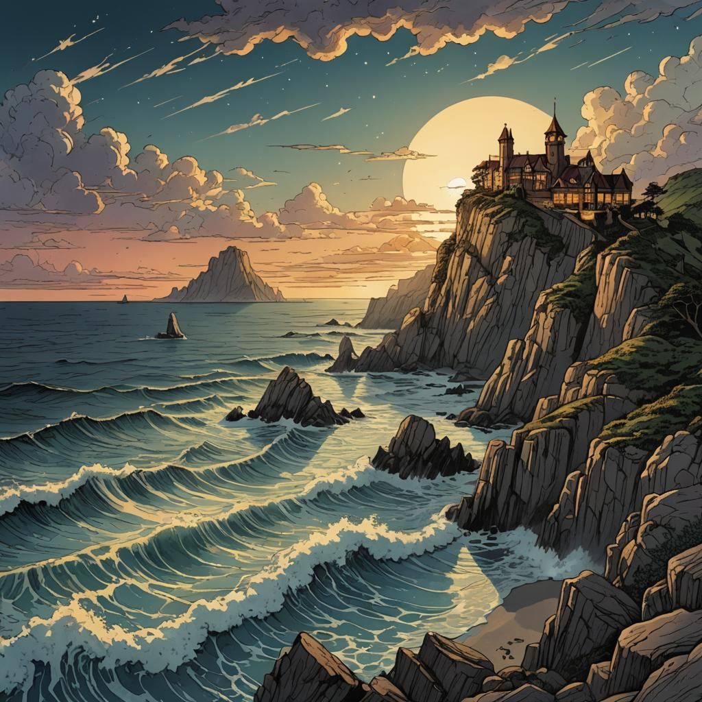 Oceanfront Rock at Dusk: Retro Digital Illustration