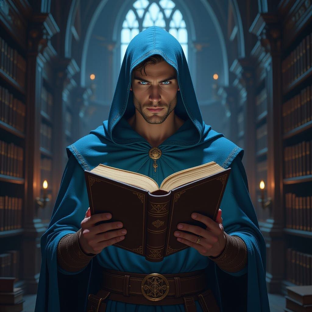 Librarian With Heterochromatic Eyes Holds Ancient Tome