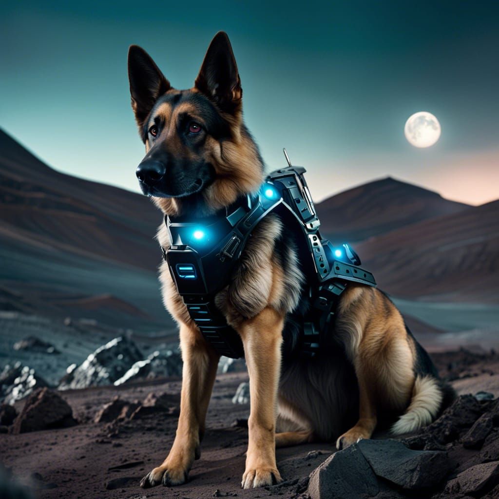 Cyberpunk Android German Shepherd on Lunar Surface