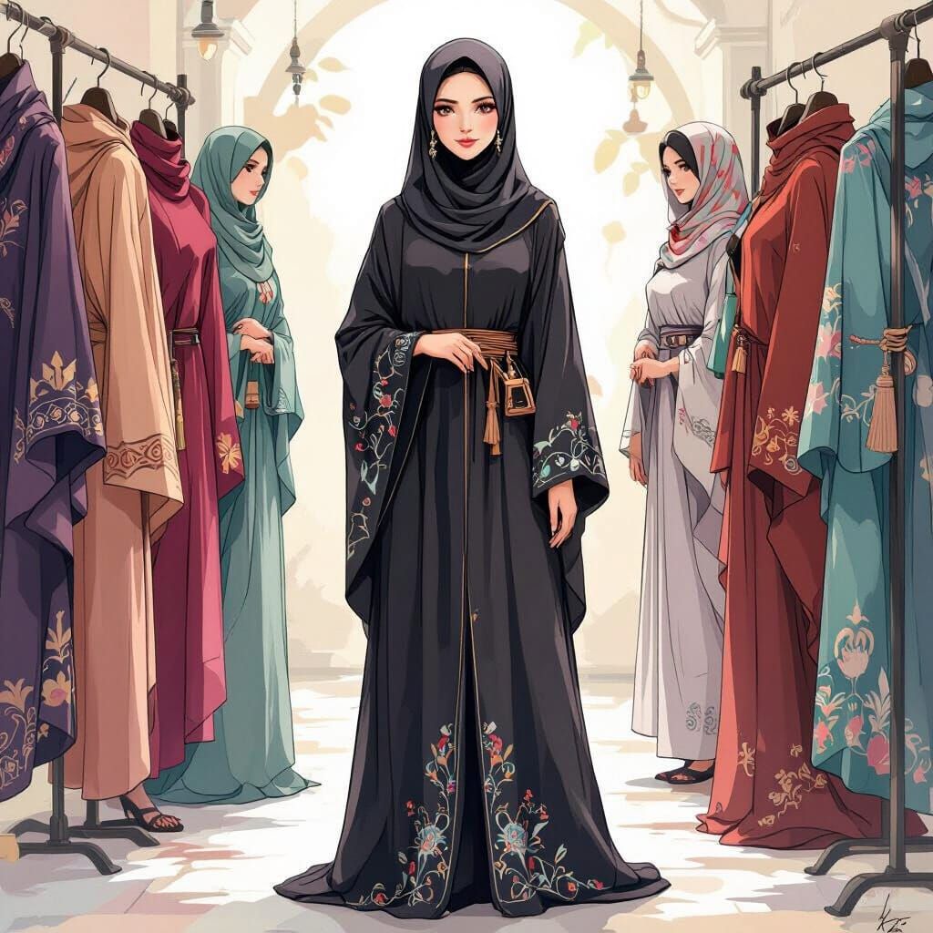 Anime-Style Illustration of Woman in Elegant Abaya