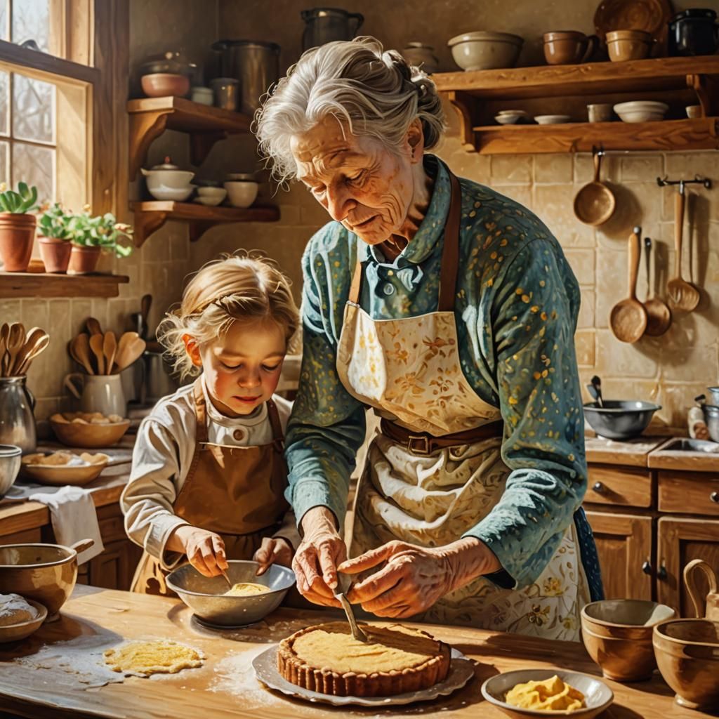Cozy Kitchen Scene: Grandmother and Granddaughter Baking