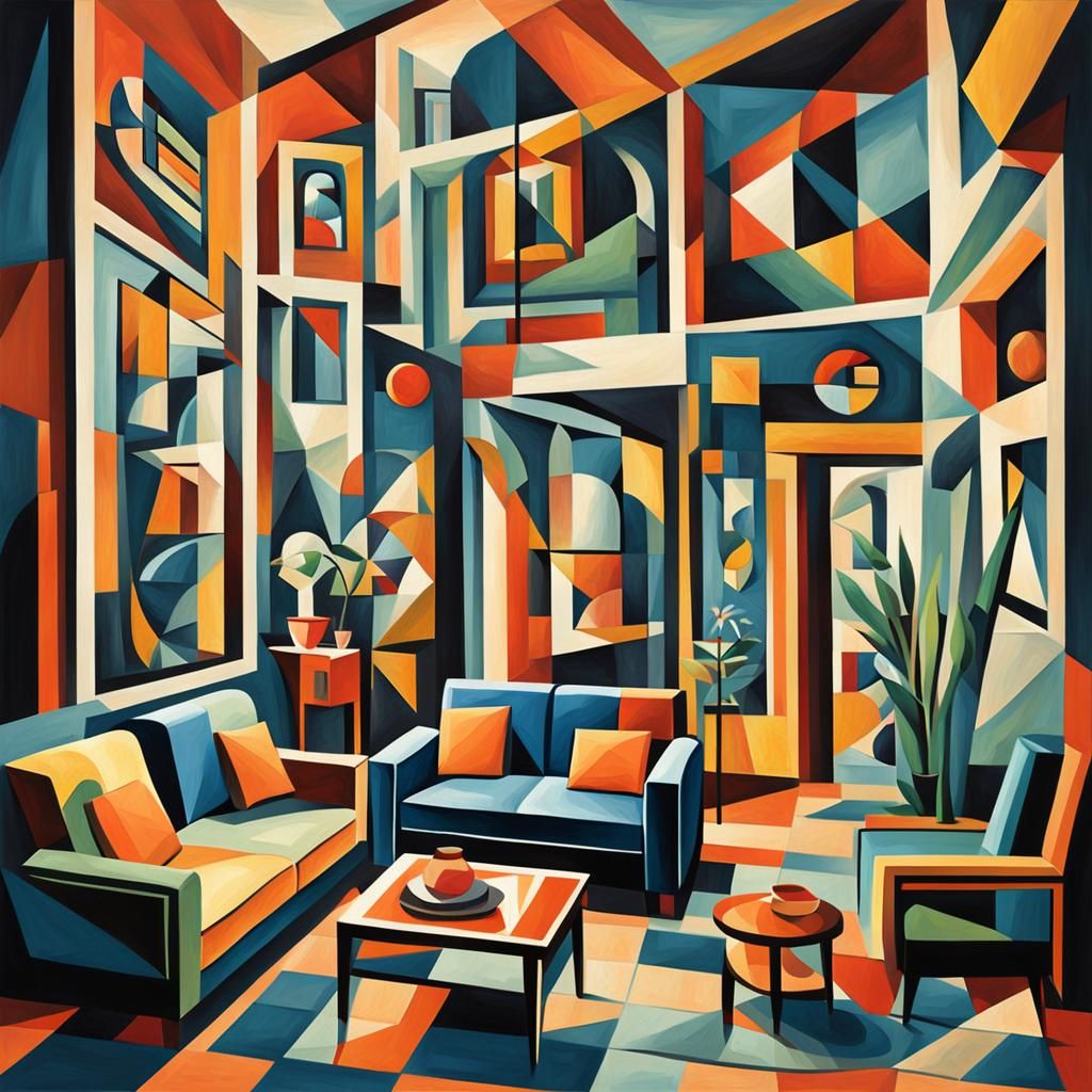 Cubist Living Room in Geometric Fauvism Style