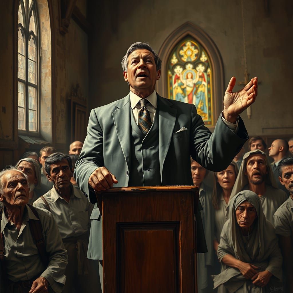 Affluent Preacher Confronts Poverty in a Dimly Lit Church