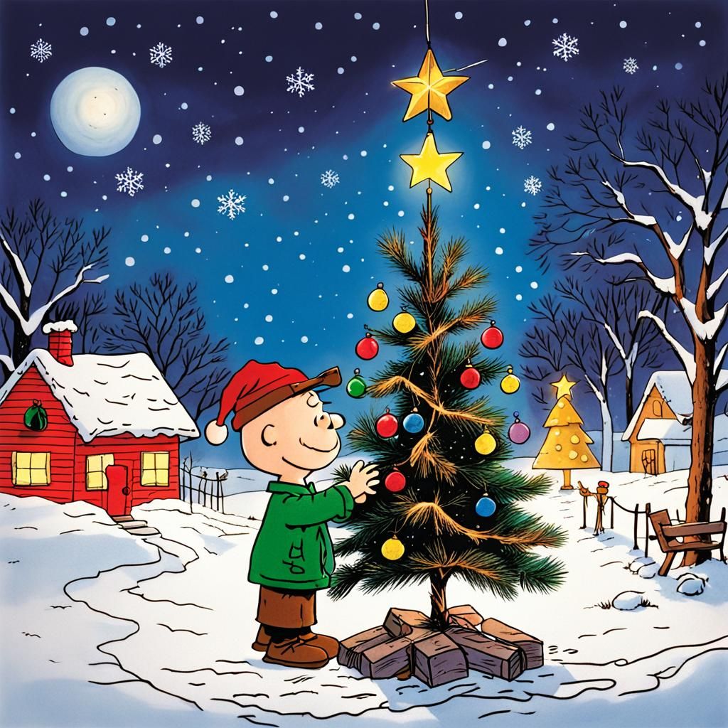 Classic Peanuts Christmas Scene in Watercolor Style