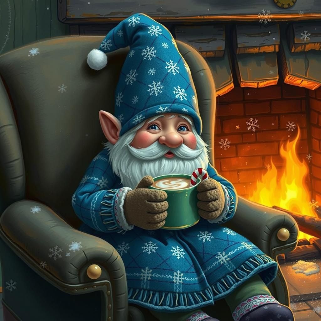 Festive Winter Gnome Enjoying Hot Chocolate by Hearth