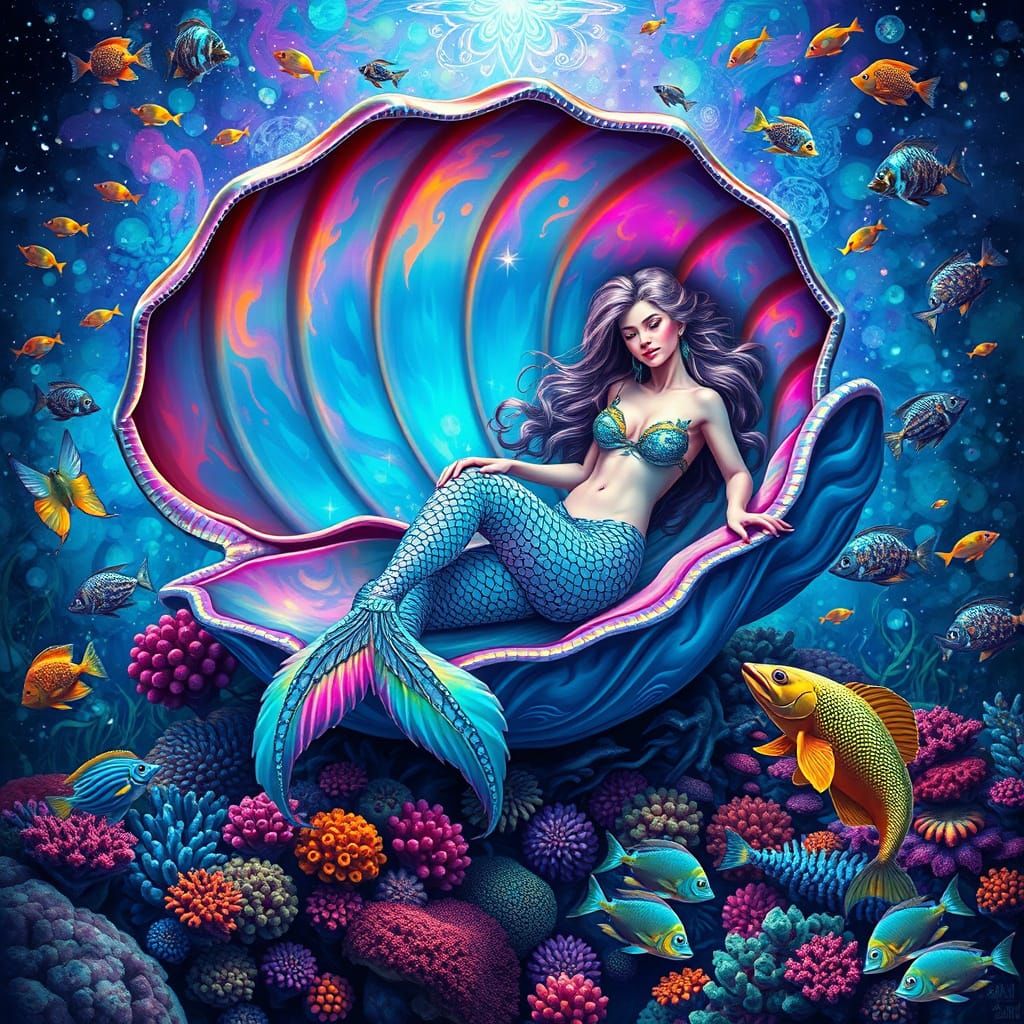 Mermaid in a Vibrant, Cosmic Coral Reef