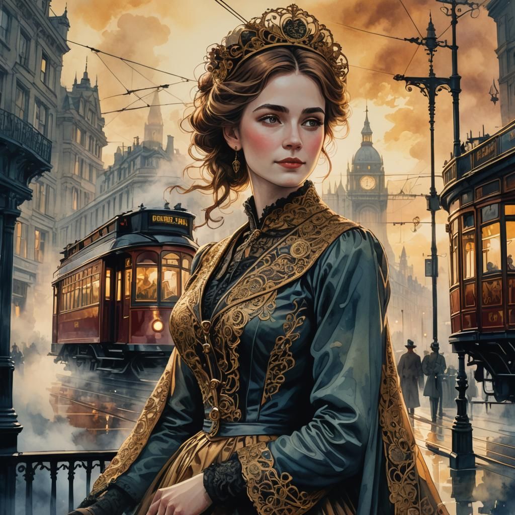 Victorian London Tram Scene in Art Nouveau Style