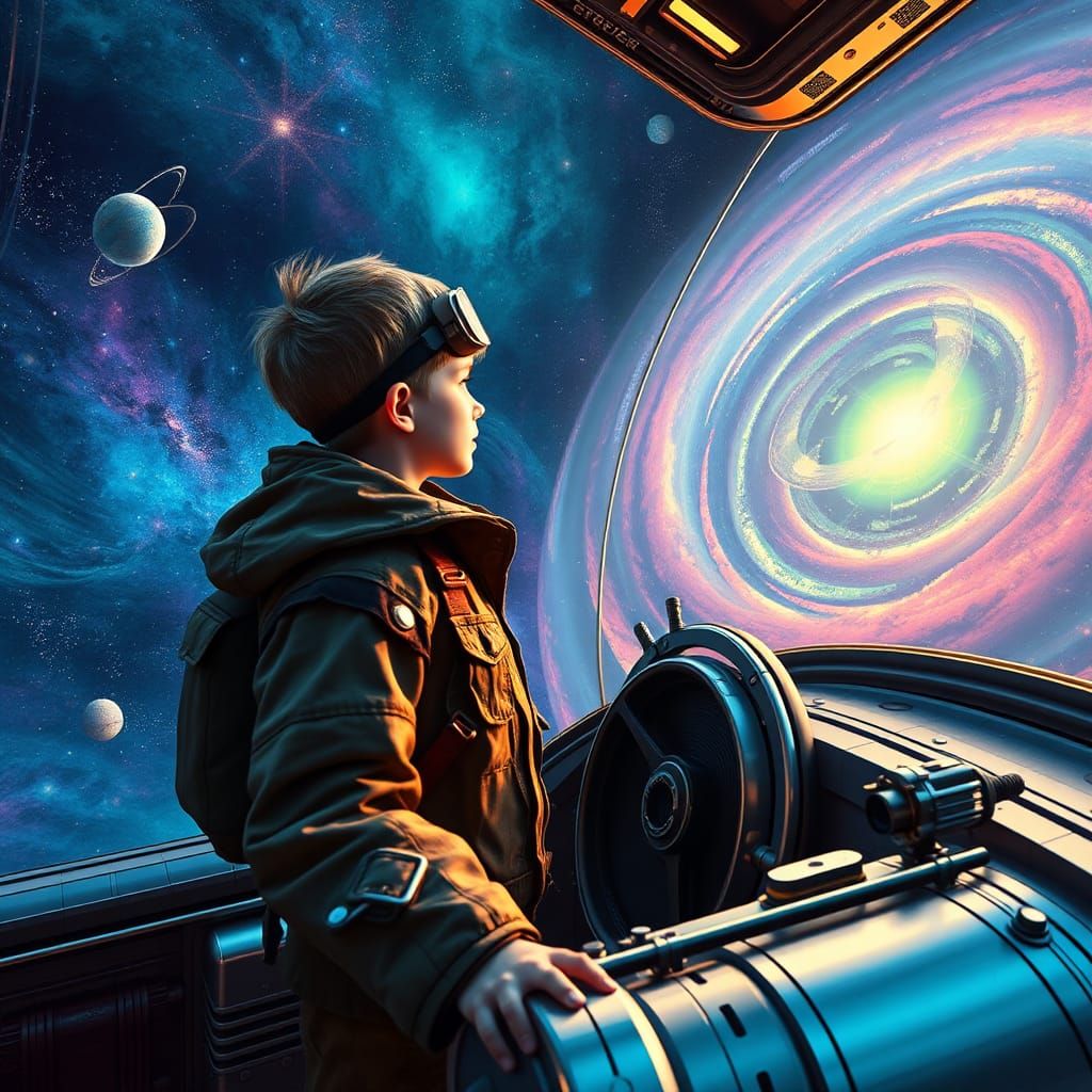 Boy Explorer Navigates Retro-Futuristic Galaxy in Matte Pain...