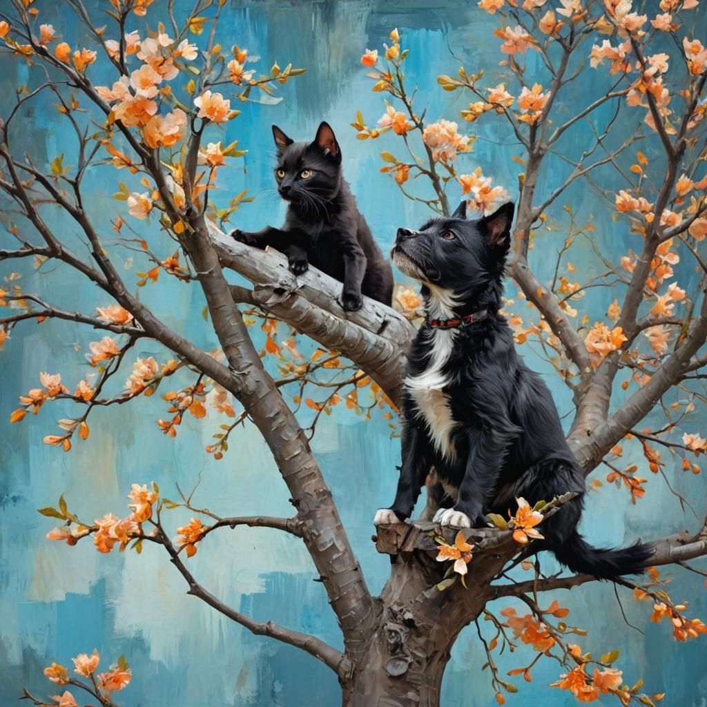 Kitten in Tree with Woman and Dog, Abstract Painting