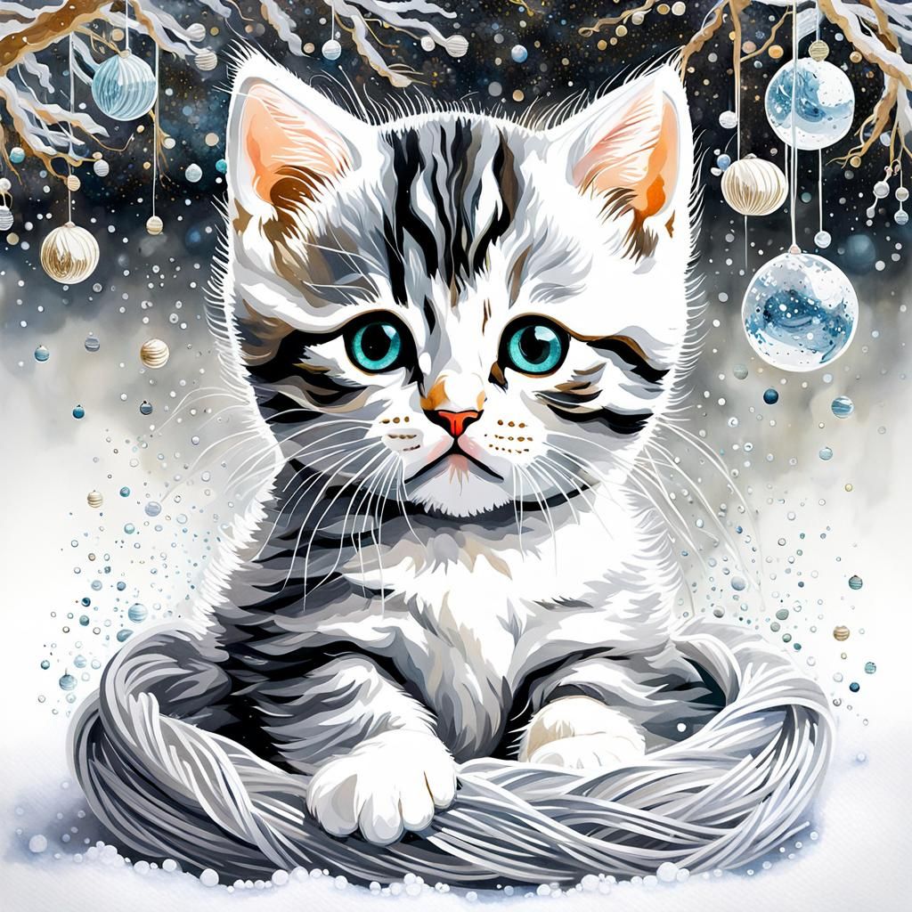 Glittering Kitten in Water, Klimt-Inspired Art