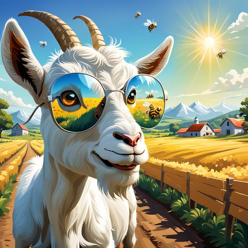 Panoramic Oil Painting of Cartoon Goat in Farmland