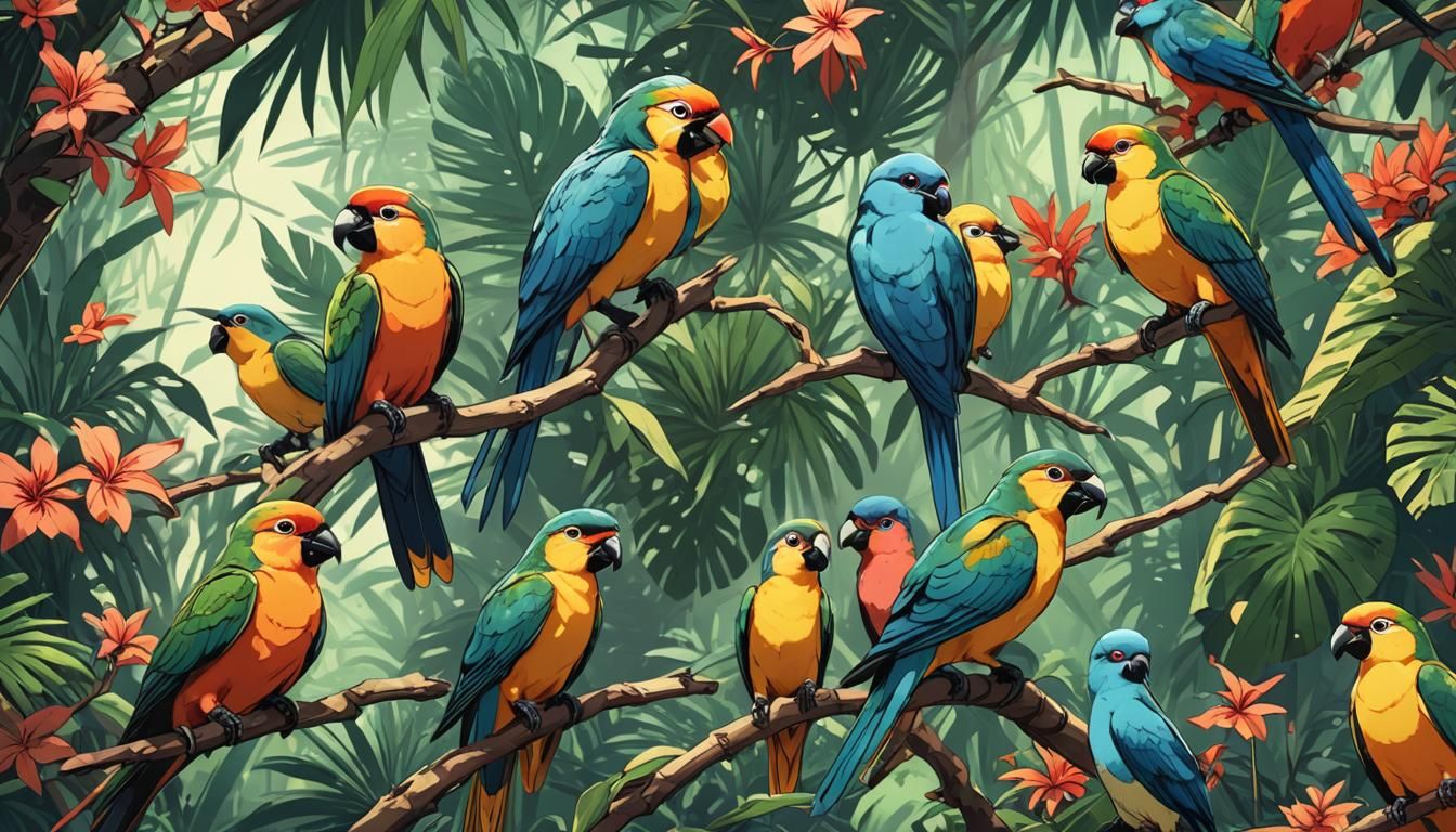 Vibrant Tropical Birds in Anime Style