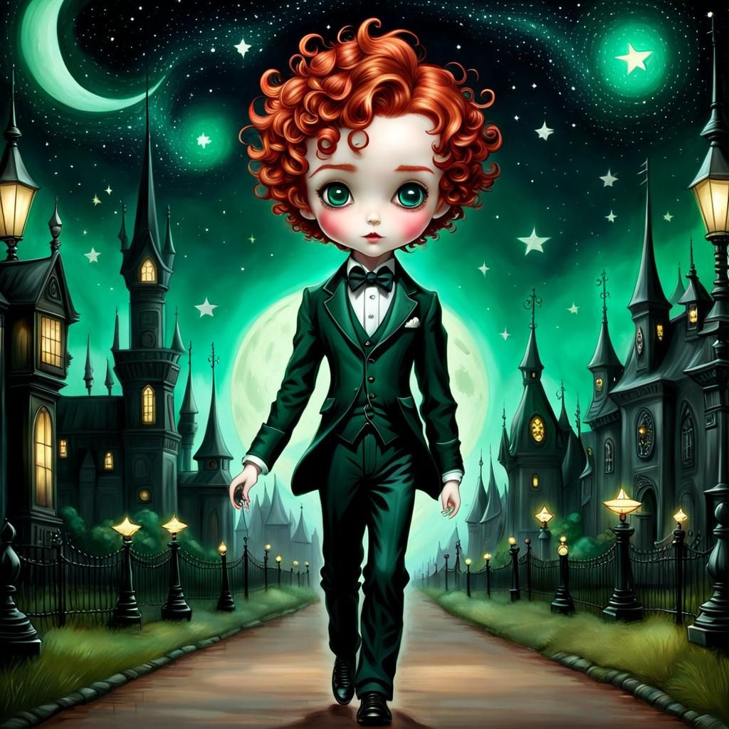 Gothic Redhead Twirling Under Stars, Detailed Art