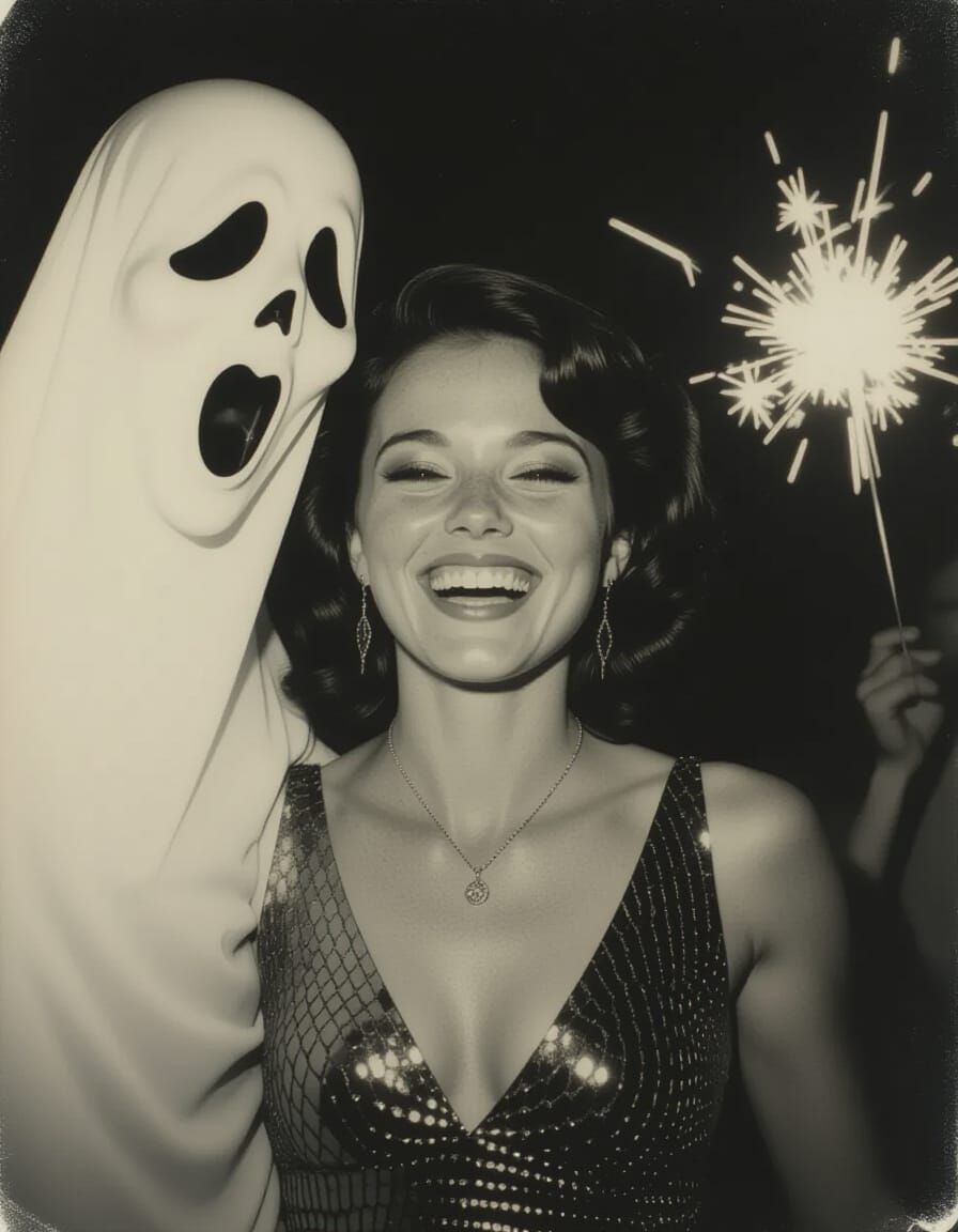1970s Polaroid of Woman Dancing with Ghost at New Year's Par...