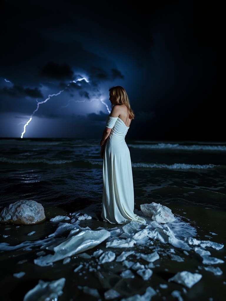 Glowing Woman at Ocean's Edge, with Geometric Shapes and Cel...