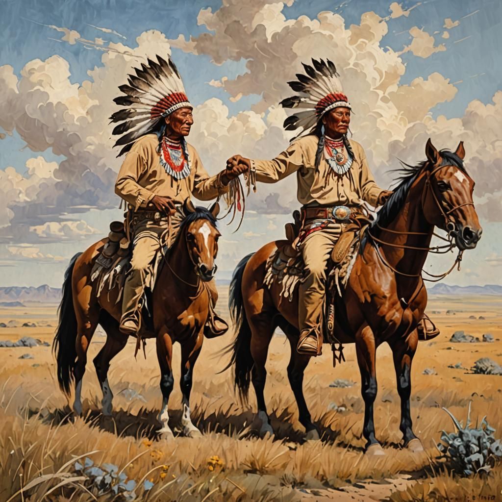 Native American Painting: Chief and Cowboy Meeting