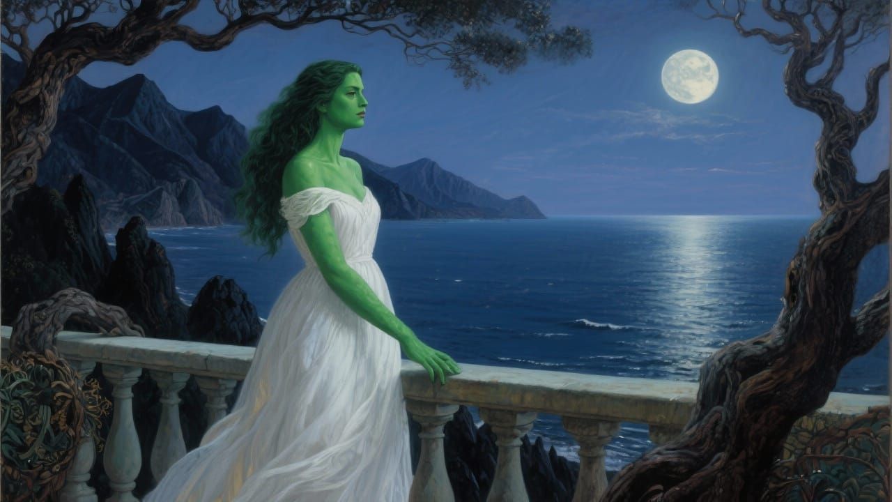 Surreal Woman on Balcony Overlooking Moonlit Sea