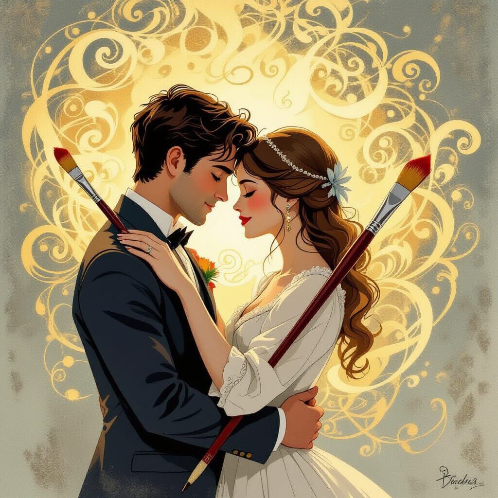 Pencil and Brush Embrace in Storybook Style