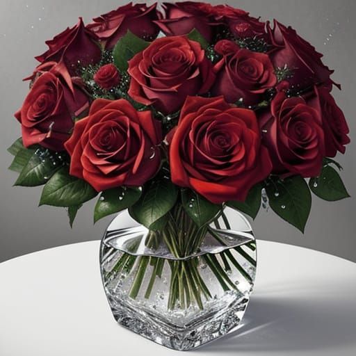 Detailed Red Rose in Crystal Vase with Dew Drops - Pop Art S...