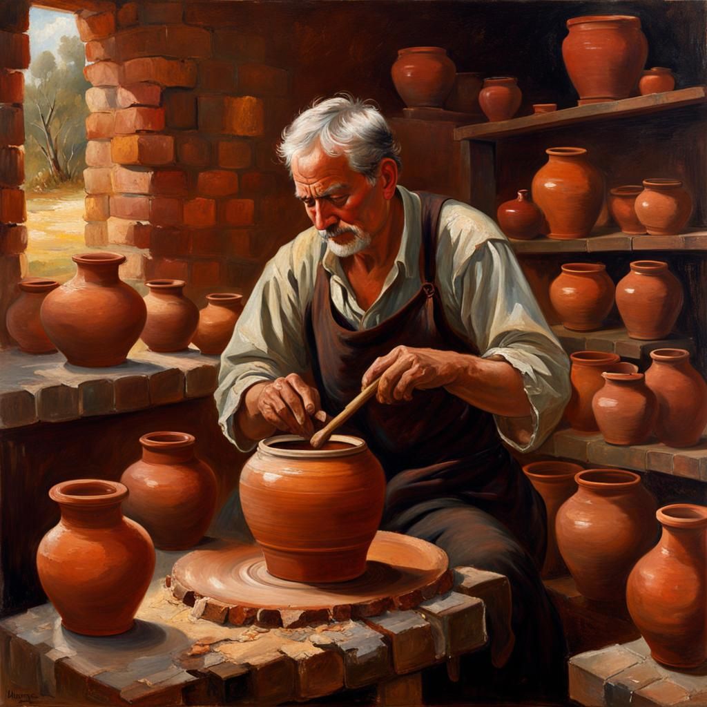 19th Century Potter at Wheel: Oil Painting