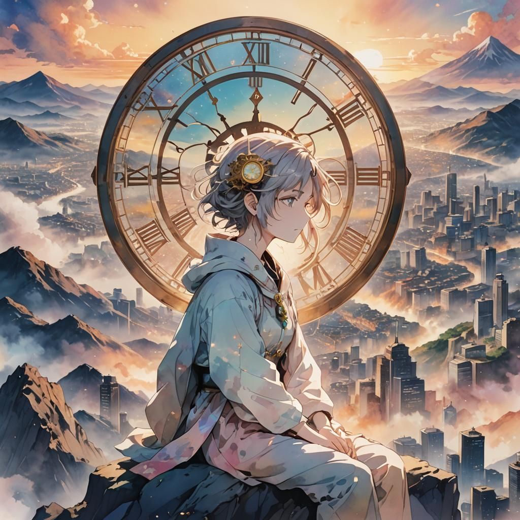 Melancholic Goddess Overlooking Cityscape in Anime Key Visua...