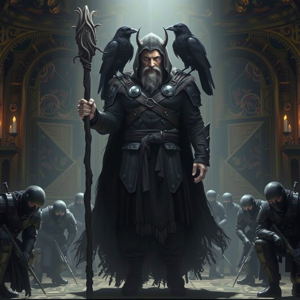 Odin in Shadow with Ravens, Dark Fantasy Scene