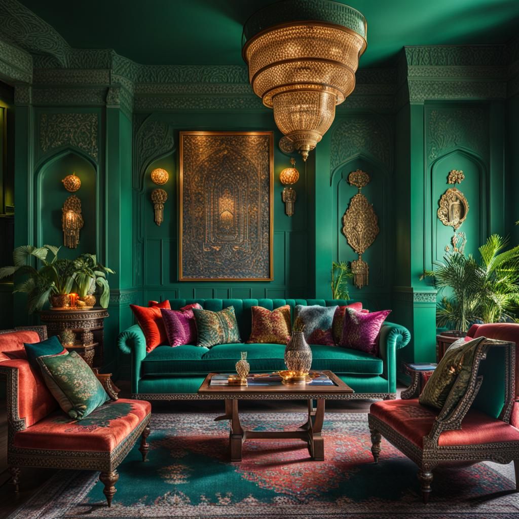 Maximalist Living Room with Jewel Tones and Moroccan Lamps