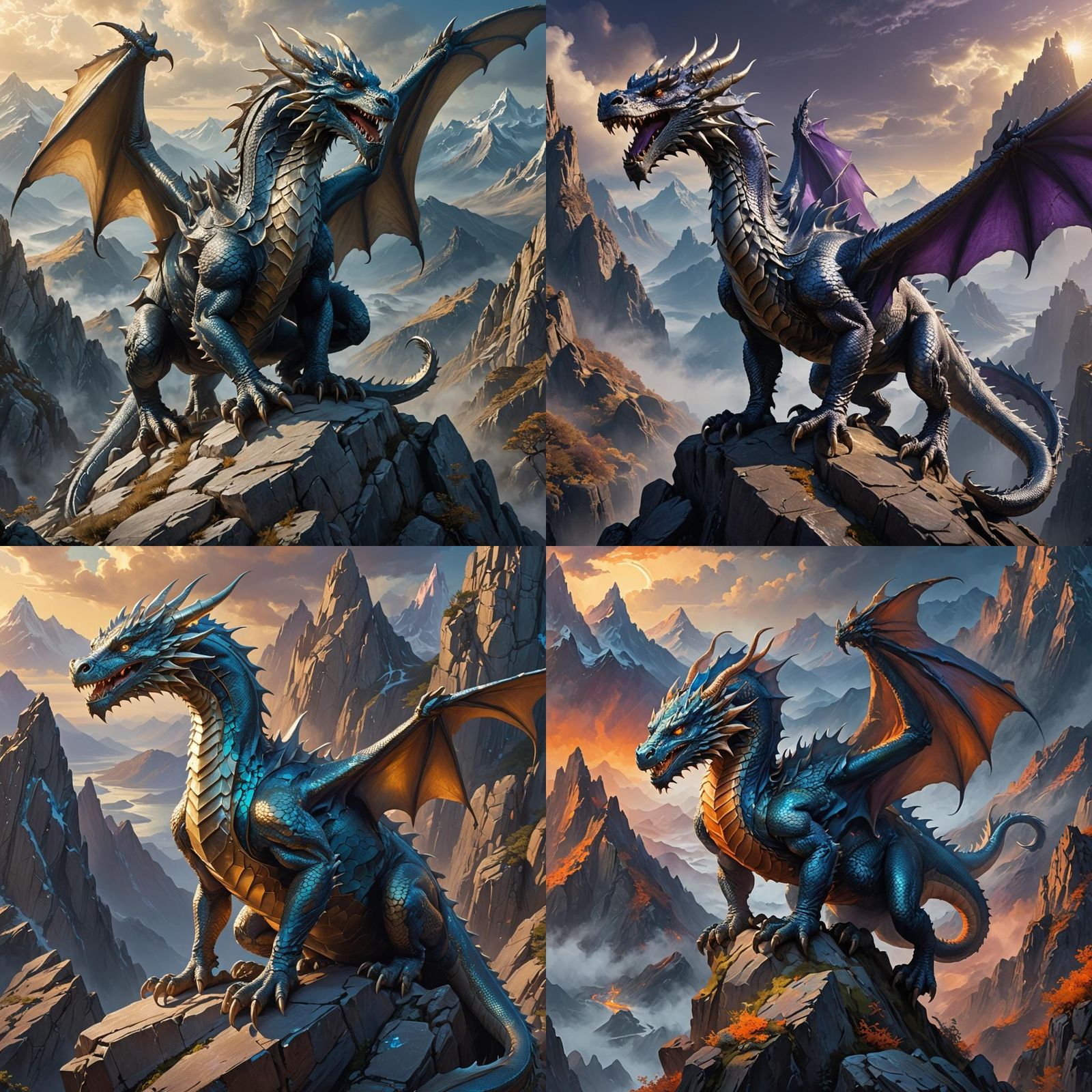 Silver Dragon Perched on Mountain, Digital Art