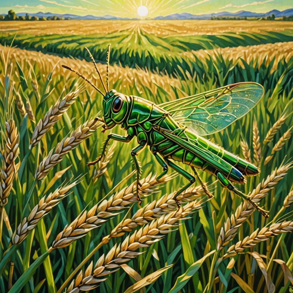 Grasshopper Leaping in Sunlit Field, Neo-primitivism Style