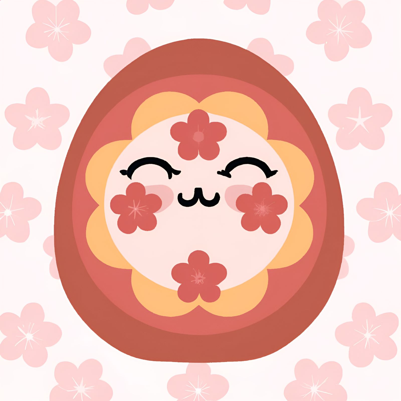 Cute Kawaii Pastel Red, Orange & Pink Japanese Daruma Doll With Sakura Cherry Blossoms (Eyes Closed)
