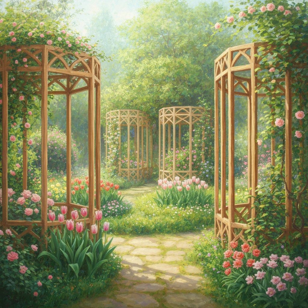 Impressionistic Serene Garden with Wooden Enclosures