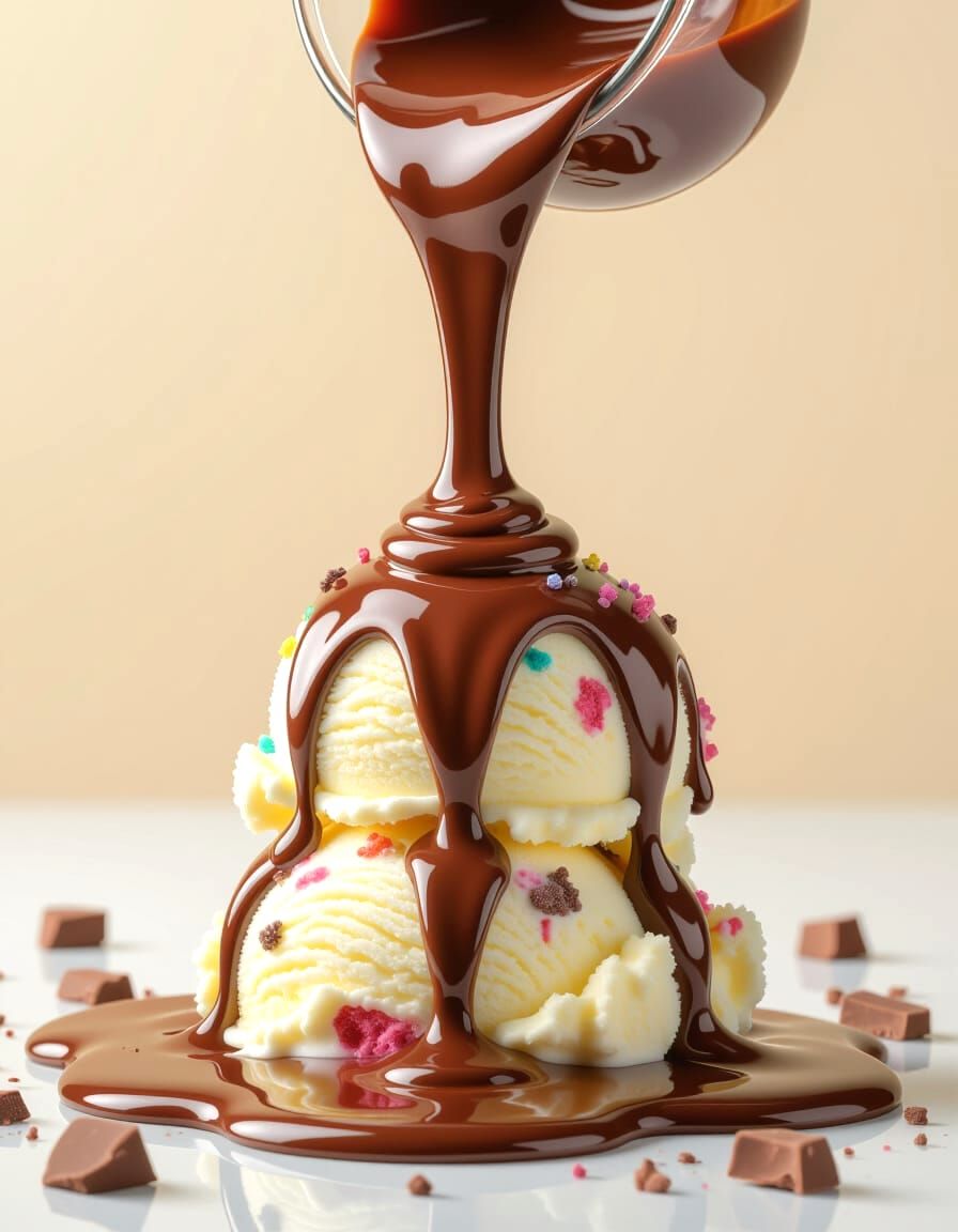 Melting Chocolate Poured Over Ice Cream